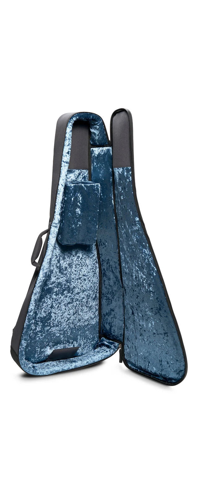 Acoustic guitar case open to show plush blue velvet interior, padded sections, and a fitted compartment for extra protection.