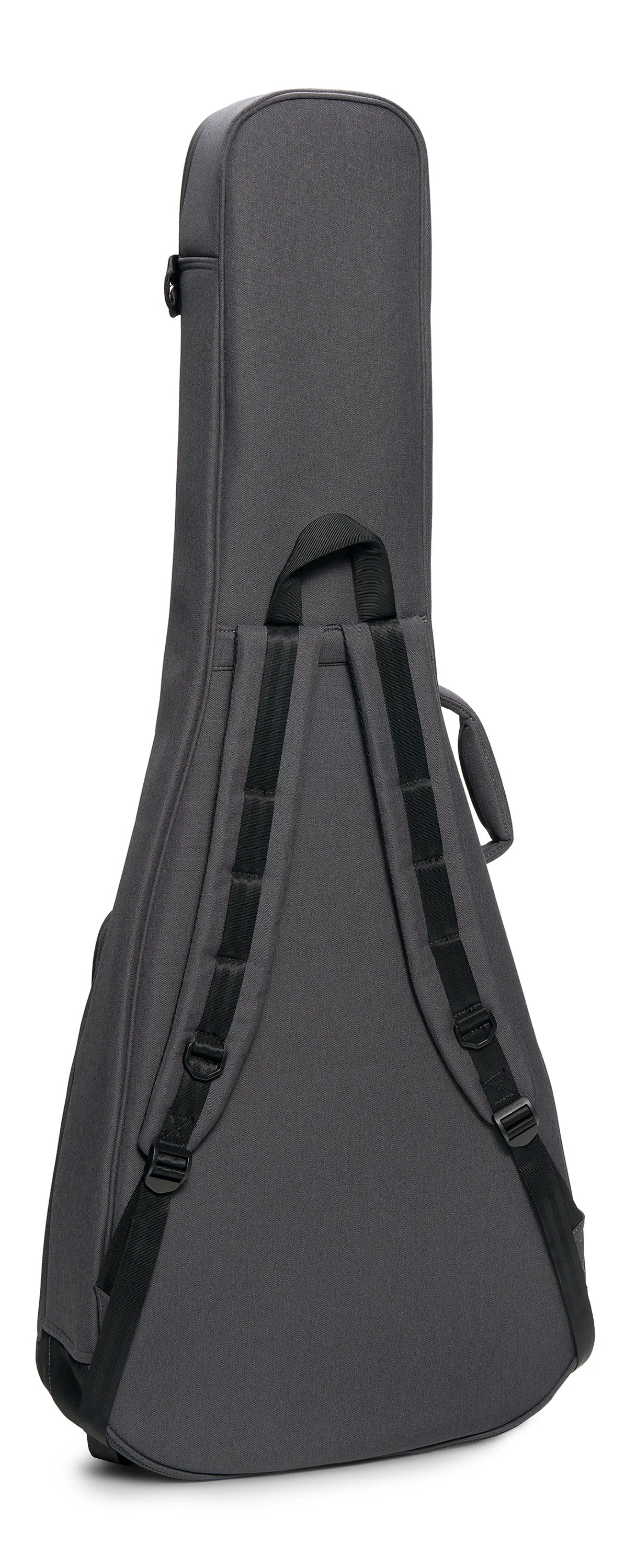 Housse de guitare acoustique grise avec deux bretelles matelassées pour porter sur le dos et une poignée latérale de transport.