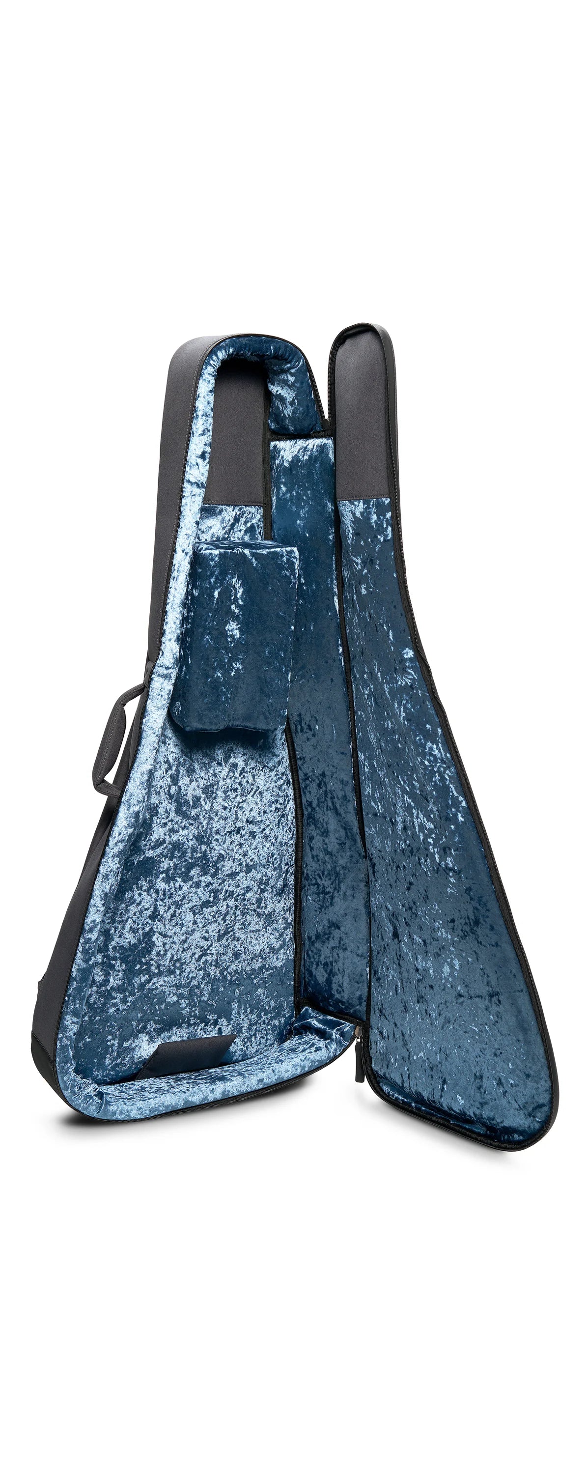Housse rigide ouverte pour guitare acoustique, doublure intérieure en velours bleu brillant, avec poches de rangement internes.