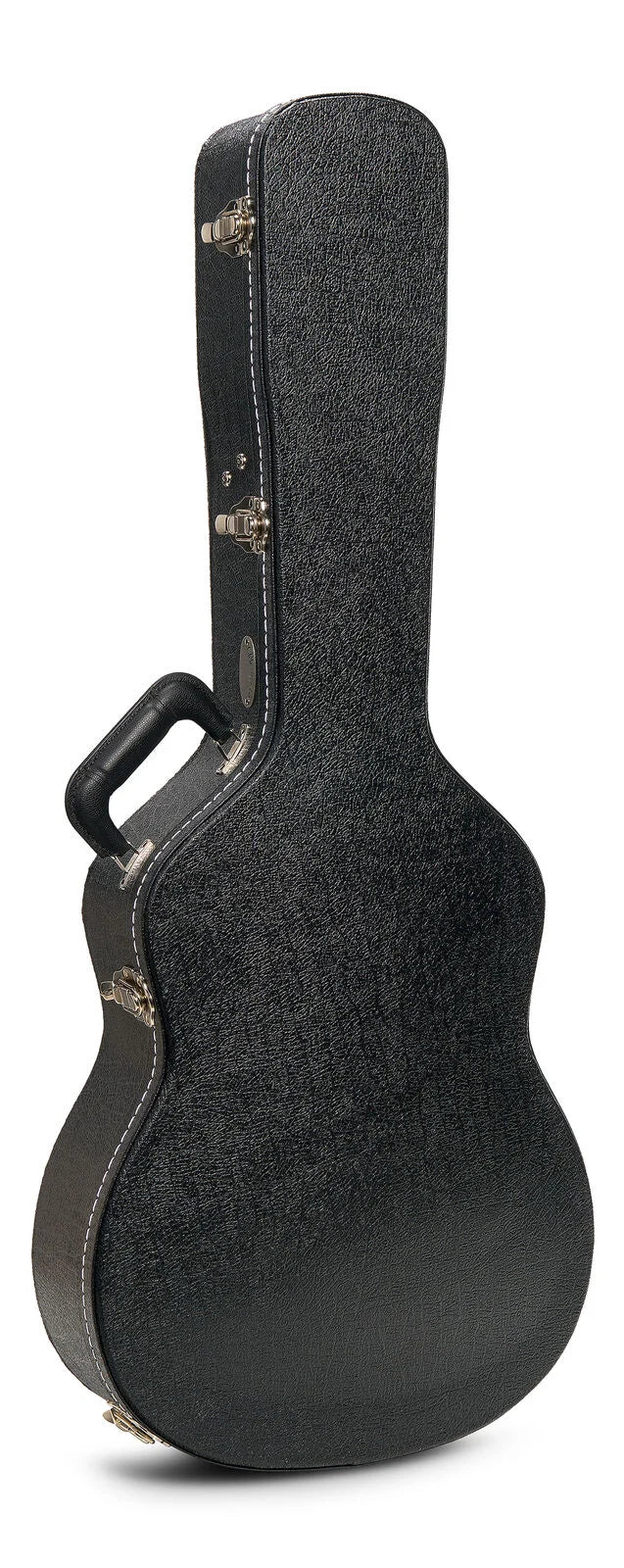 Black hard-shell acoustic guitar case with a textured surface, carrying handle, silver latches, and visible white stitching along the edges.