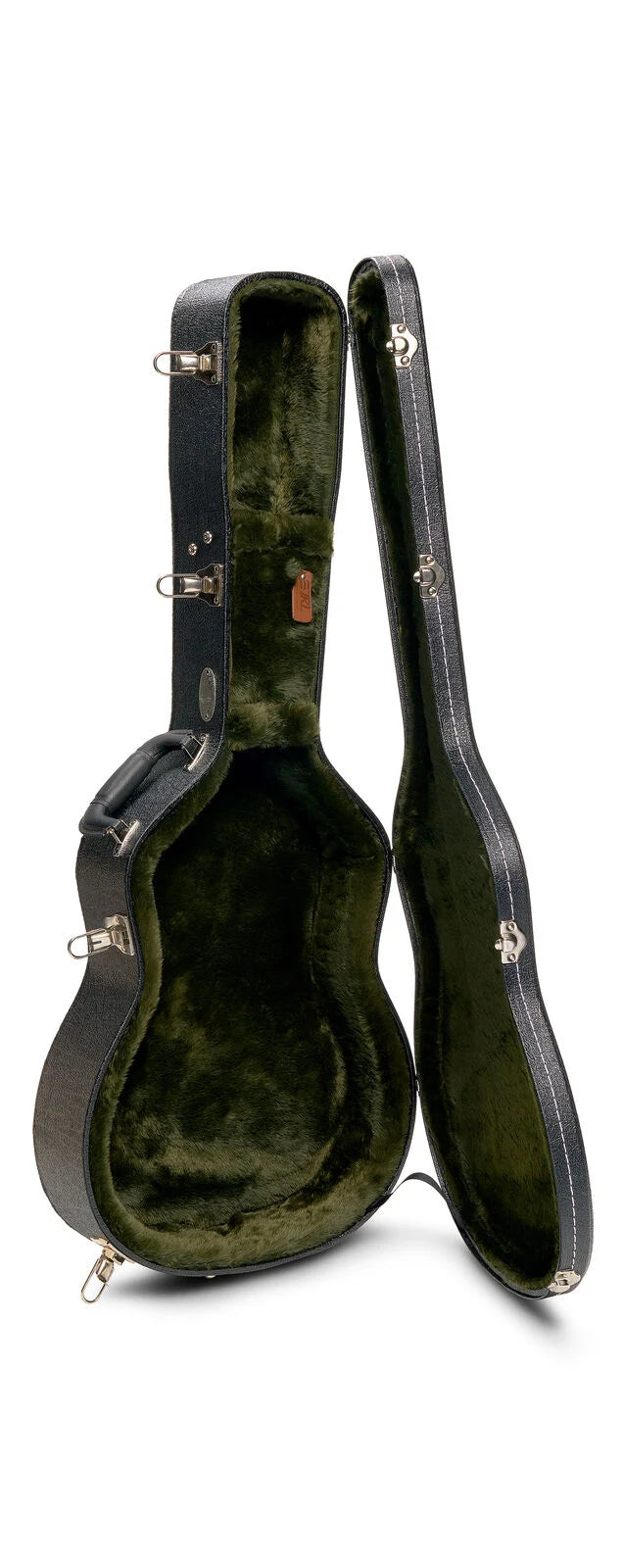 Open hard-shell acoustic guitar case with plush dark green interior, silver latches, and a sturdy black handle, standing upright with the lid open.