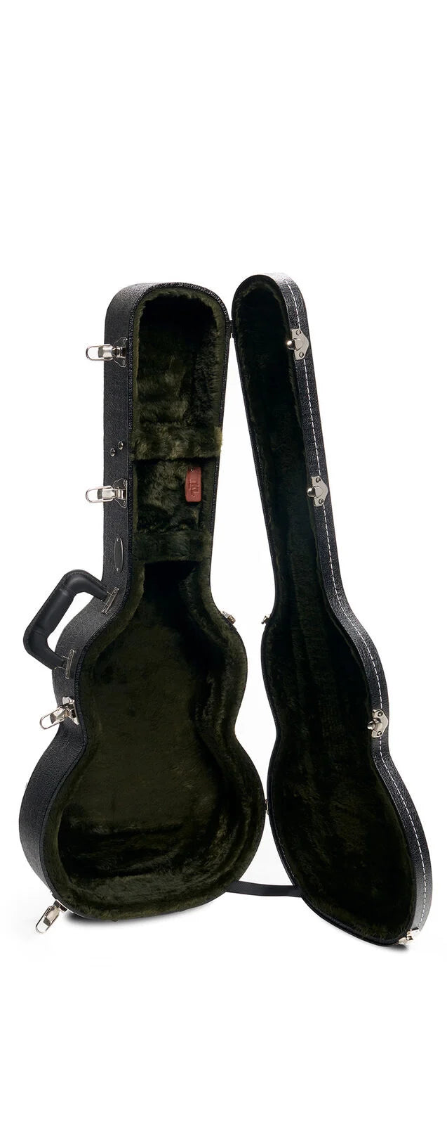 Étui rigide noir pour guitare acoustique, intérieur molletonné vert foncé, forme adaptée à l’instrument, poignée sur le côté gauche.