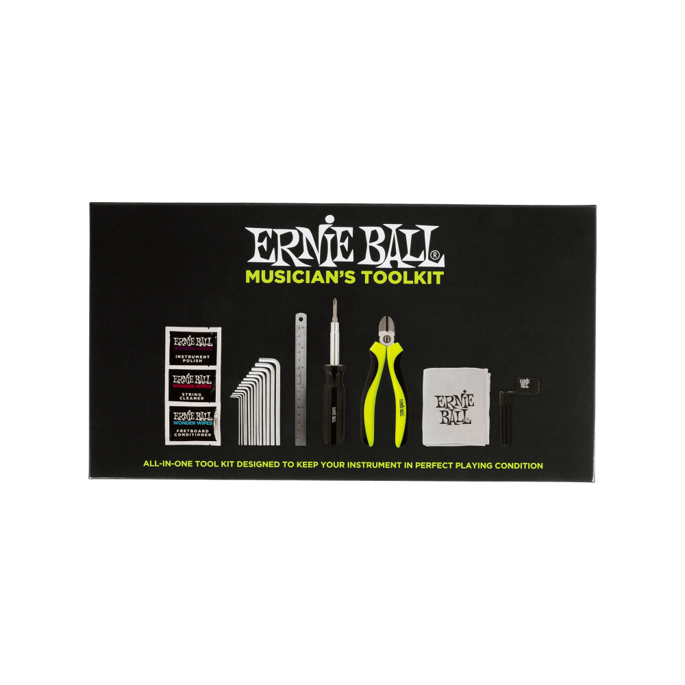 Ernie Ball Musician’s Toolkit includes hex wrenches, screwdriver, ruler, wire cutters, cleaners, cloth, and string winder, all arranged in a black box.