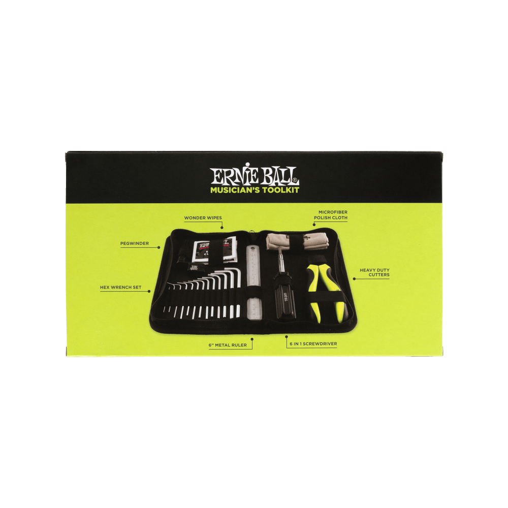 Ernie Ball Musician’s Toolkit includes hex wrenches, peg winder, metal ruler, screwdriver, cutters, polish cloth, and Wonder Wipes in a case.