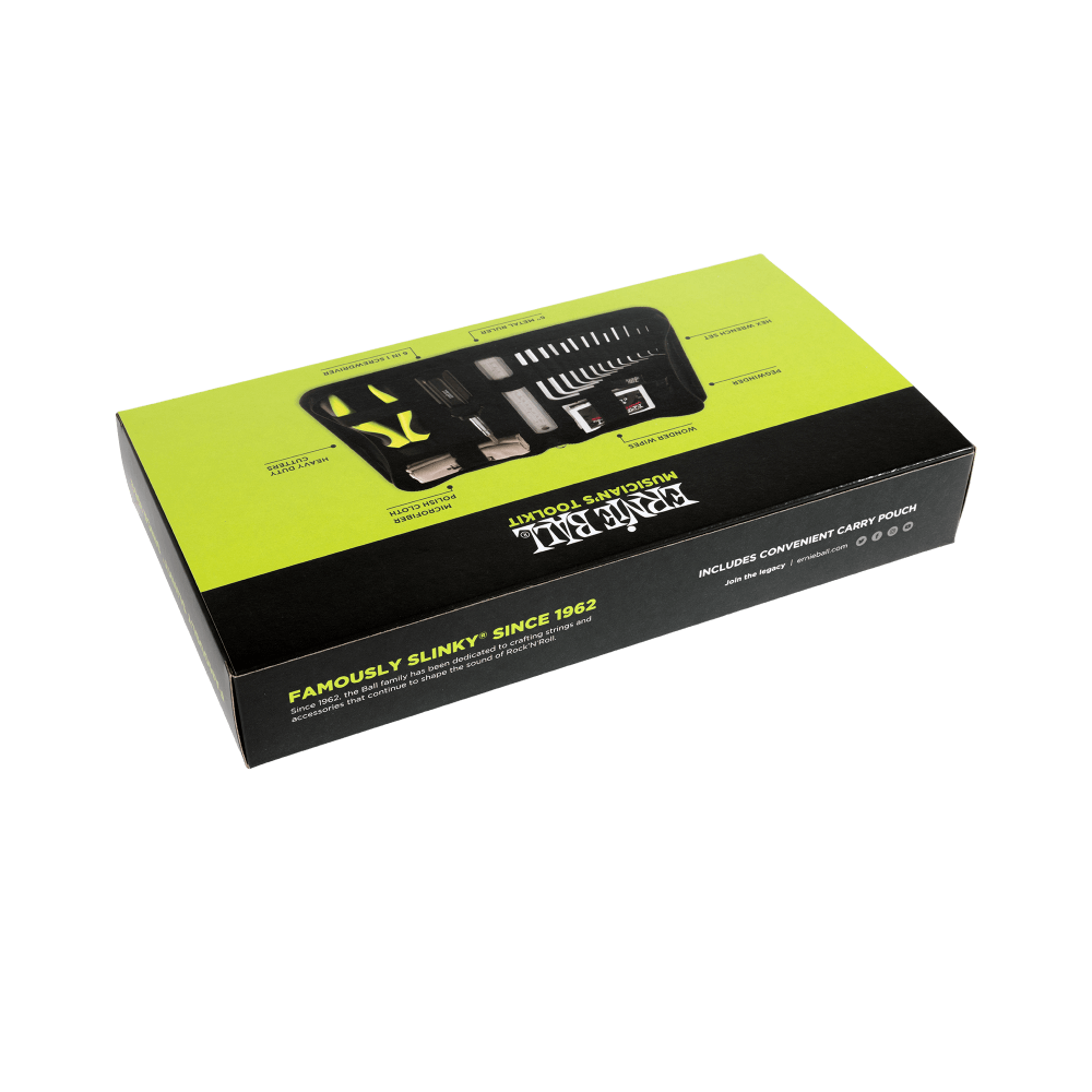 Ernie Ball Musician’s Tool Kit box with yellow and black design, showing contents like tools and accessories for guitar maintenance.