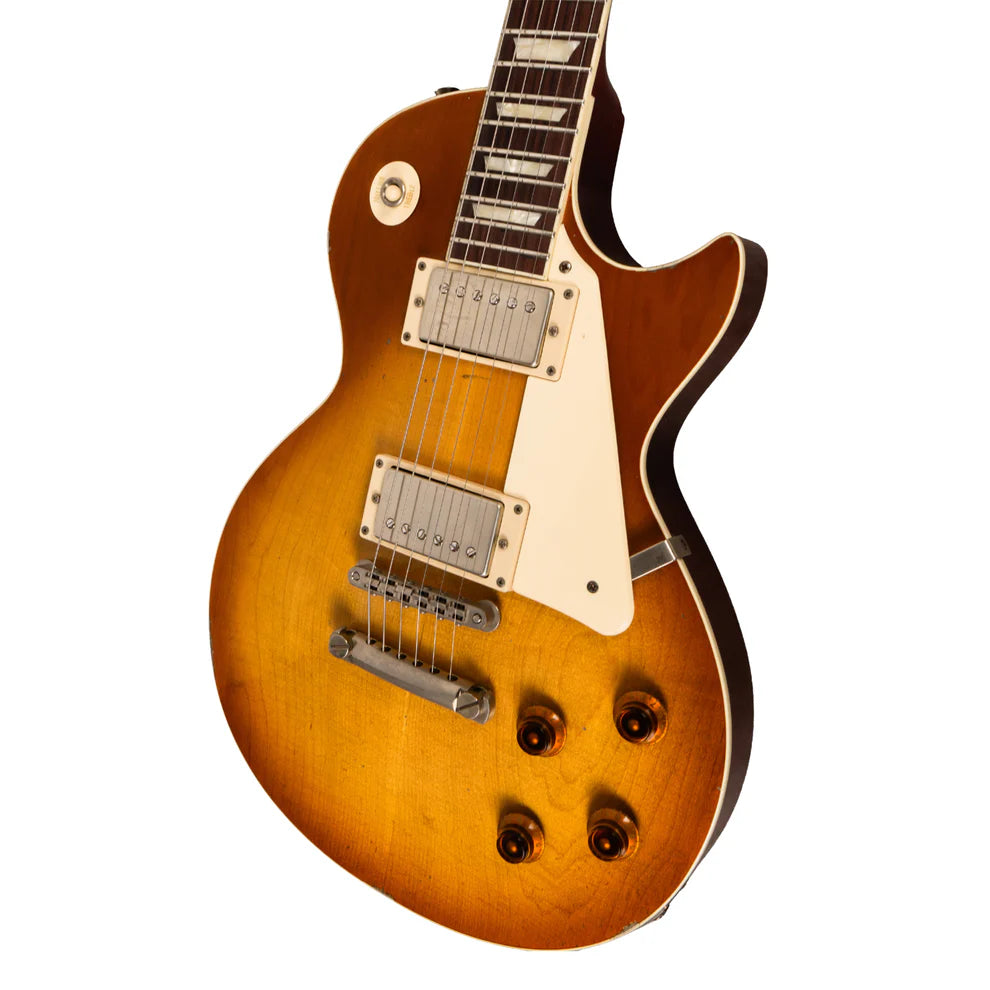 Sunburst electric guitar with a single cutaway, two humbucker pickups, cream pickguard, four amber control knobs, and a rosewood fretboard.