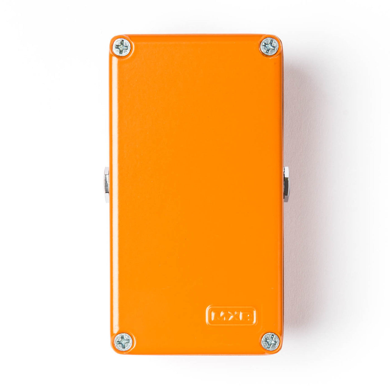 Rectangular orange FX pedal with four visible corner screws and metal jacks on both sides, no labels or controls on the top surface.