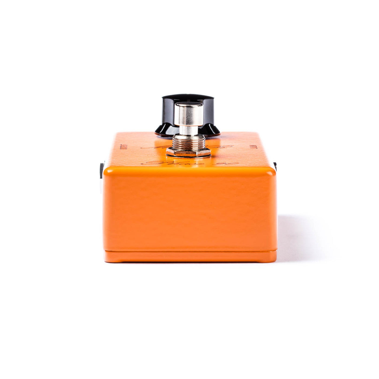 Orange FX pedal viewed from the front, showing a metal footswitch and a large black control knob on top.