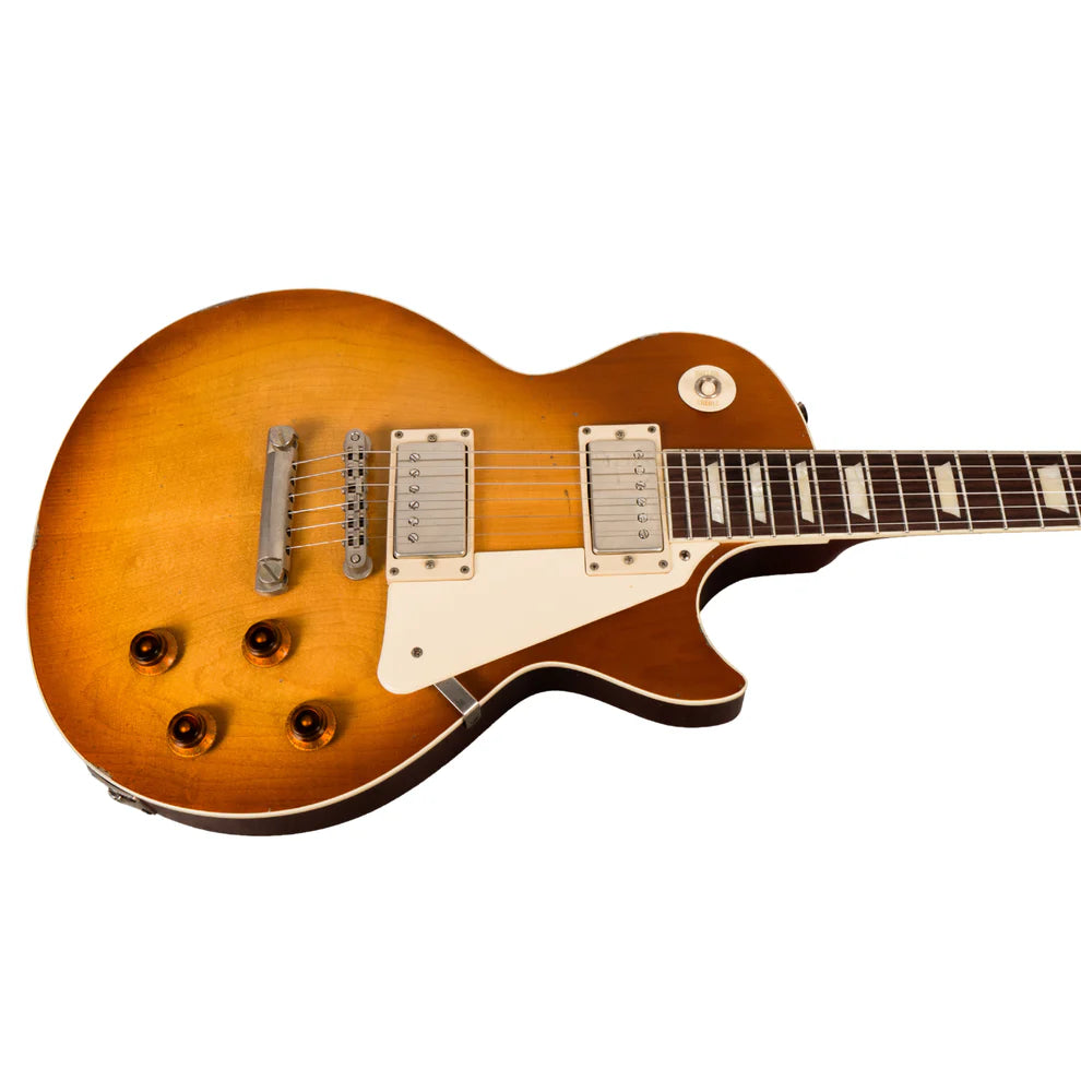 Sunburst electric guitar with a single cutaway, two humbucker pickups, four control knobs, and a white pickguard.