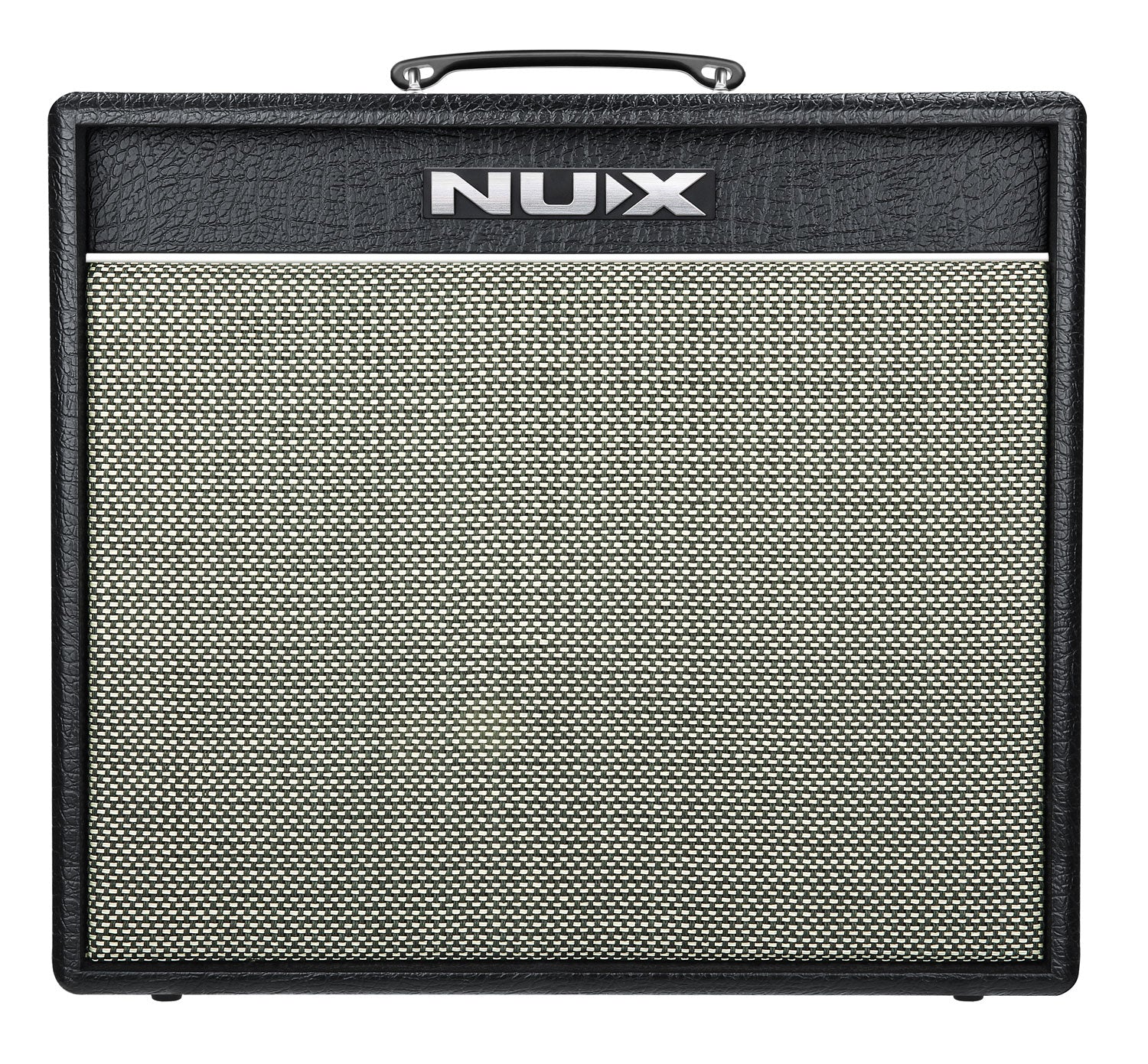 Black NUX amplifier with a handle on top and a large mesh speaker grille on the front.