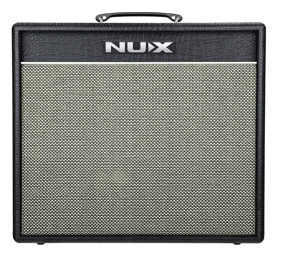 Black NUX amplifier with a handle on top and a large mesh speaker grille on the front.