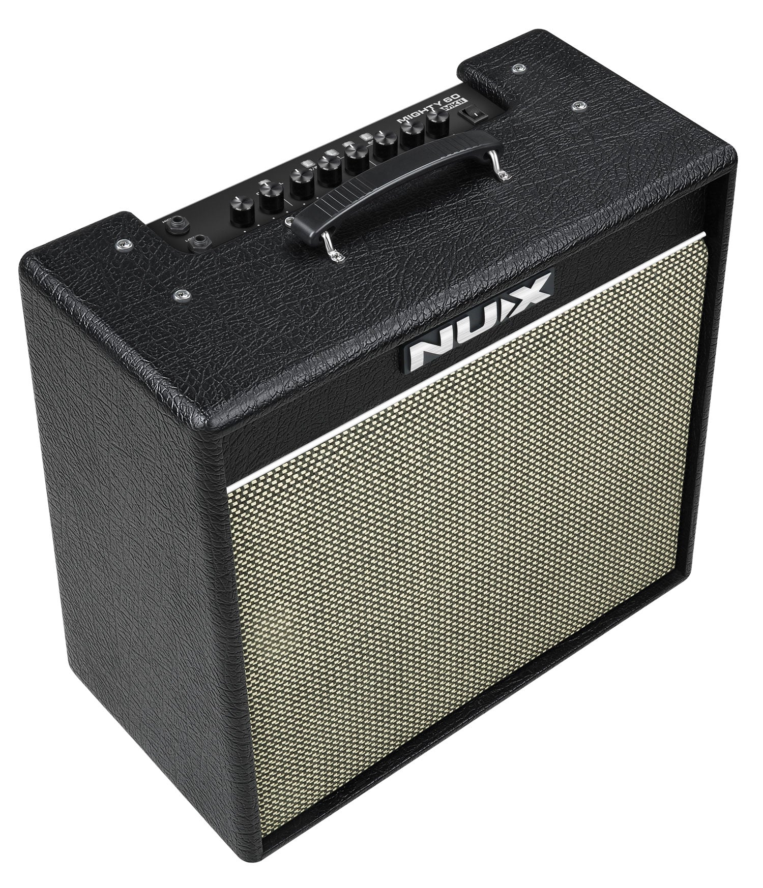 Black NUX amplifier with a textured finish, top control panel, carrying handle, and a light beige speaker grille on the front.
