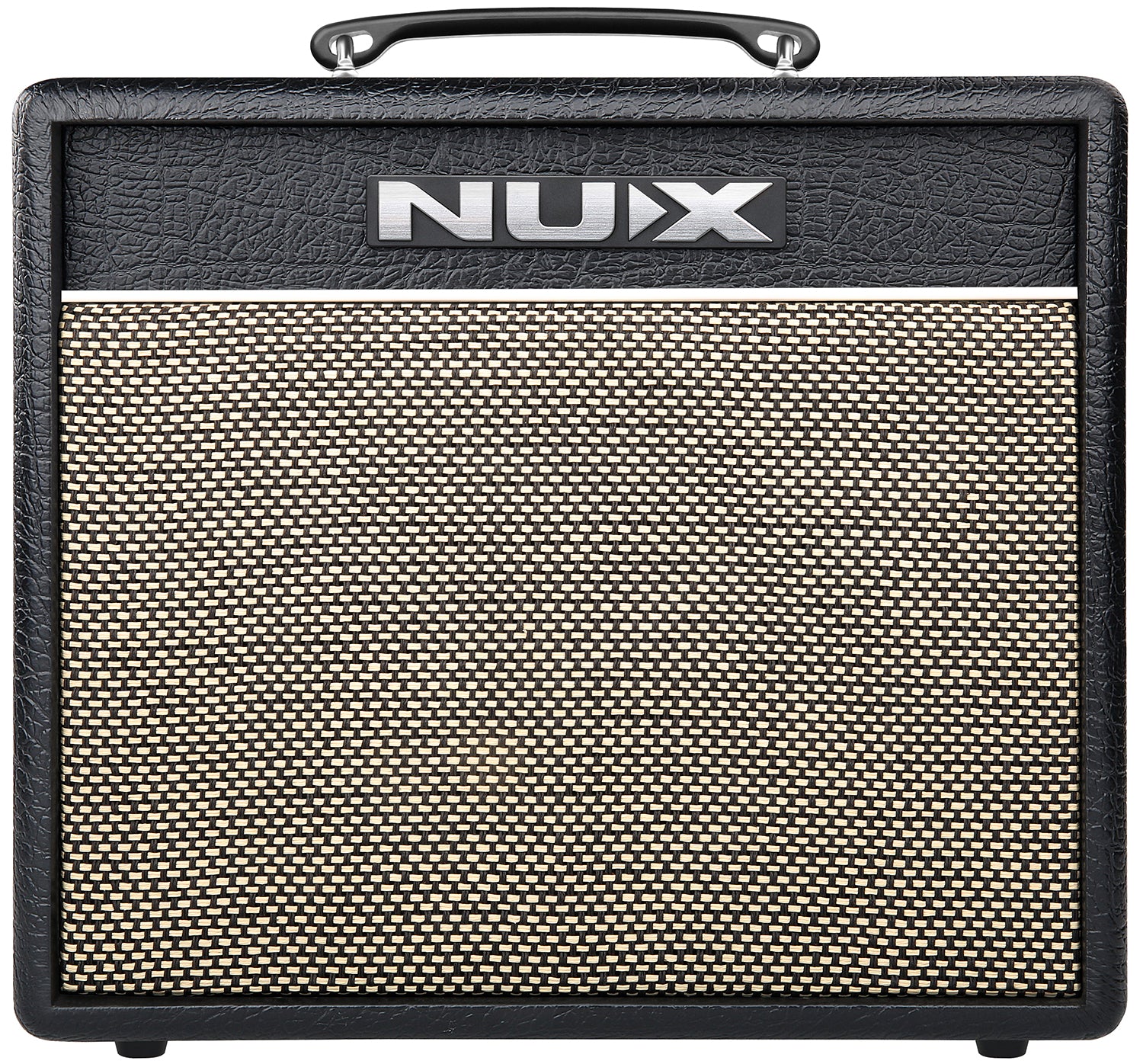 Black NUX amplifier with a textured vinyl finish, carrying handle on top, and a beige woven speaker grille covering the front.
