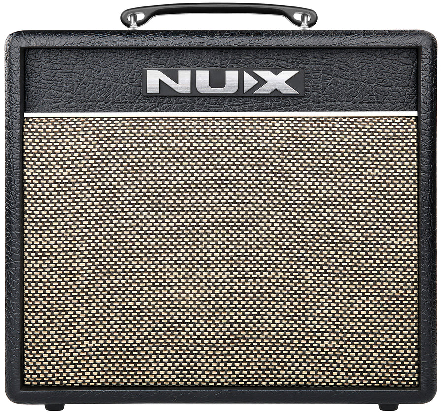 Black NUX amplifier with a textured vinyl finish, carrying handle on top, and a beige woven speaker grille covering the front.