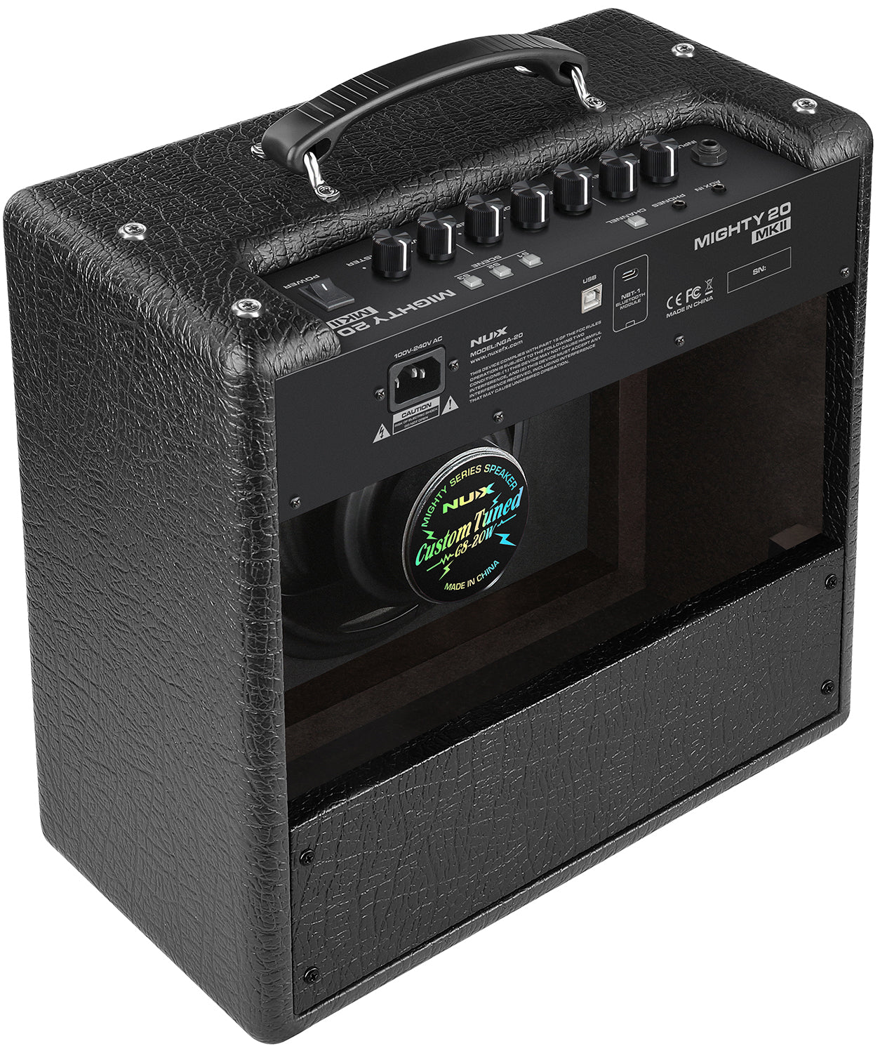 Black guitar amplifier with a carrying handle, control knobs on top, rear speaker exposed, and label reading "Mighty 20 MKII NUX Custom Tuned."