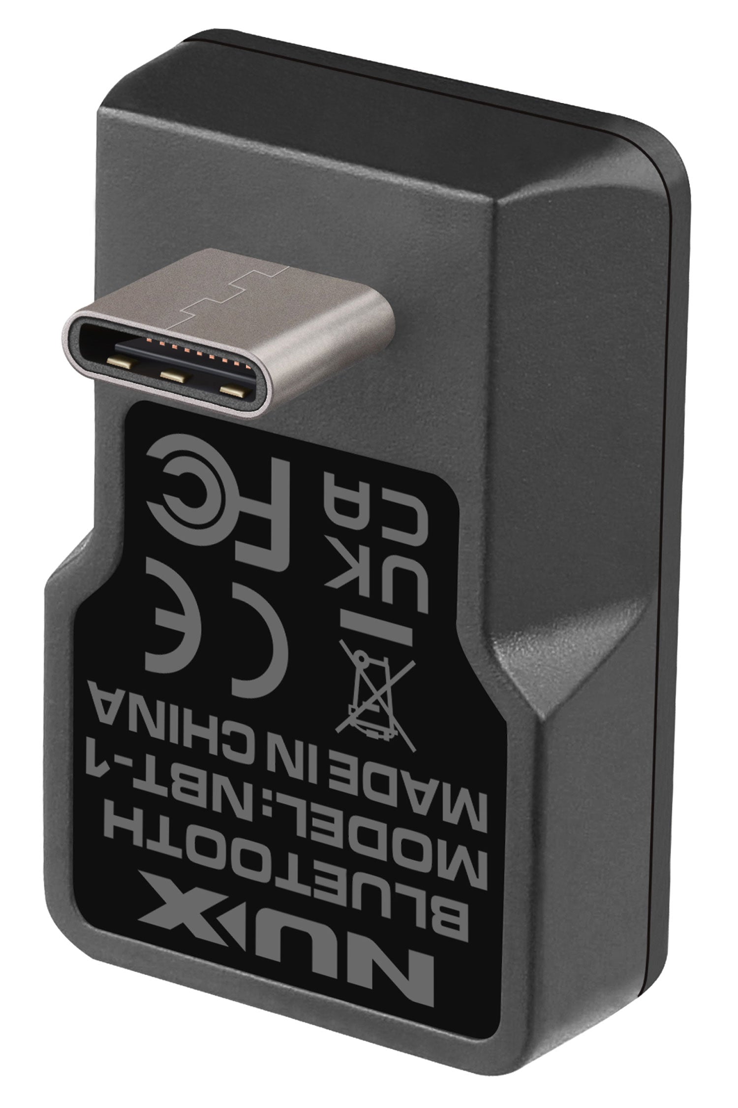 Compact black Bluetooth amplifier adapter with a USB-C plug, labeled “NUX BLUETOOTH MODEL: NBT-1 MADE IN CHINA” on one side.