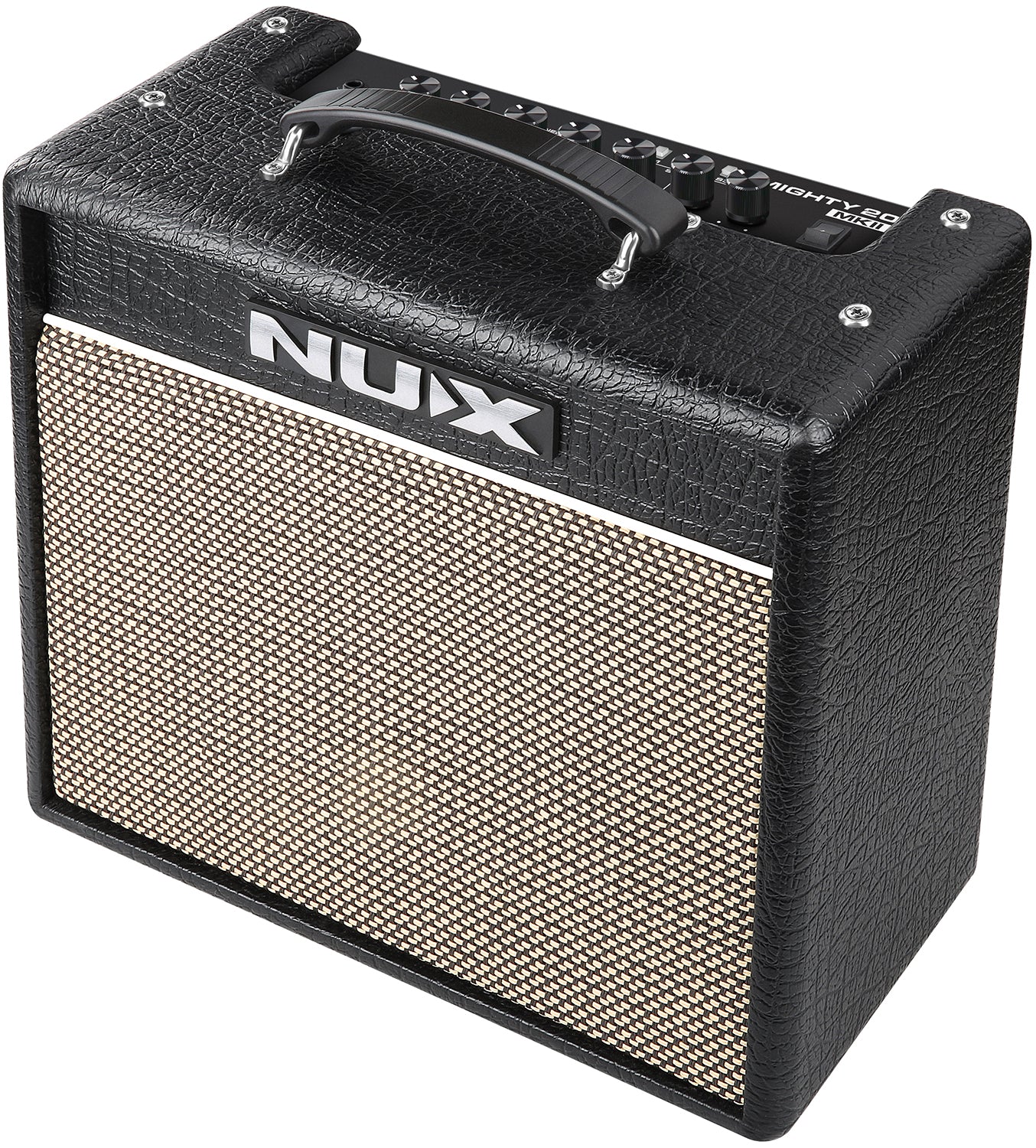 Black NUX amplifier with a textured surface, large silver NUX logo, woven beige front grill, top handle, and multiple control knobs on top.