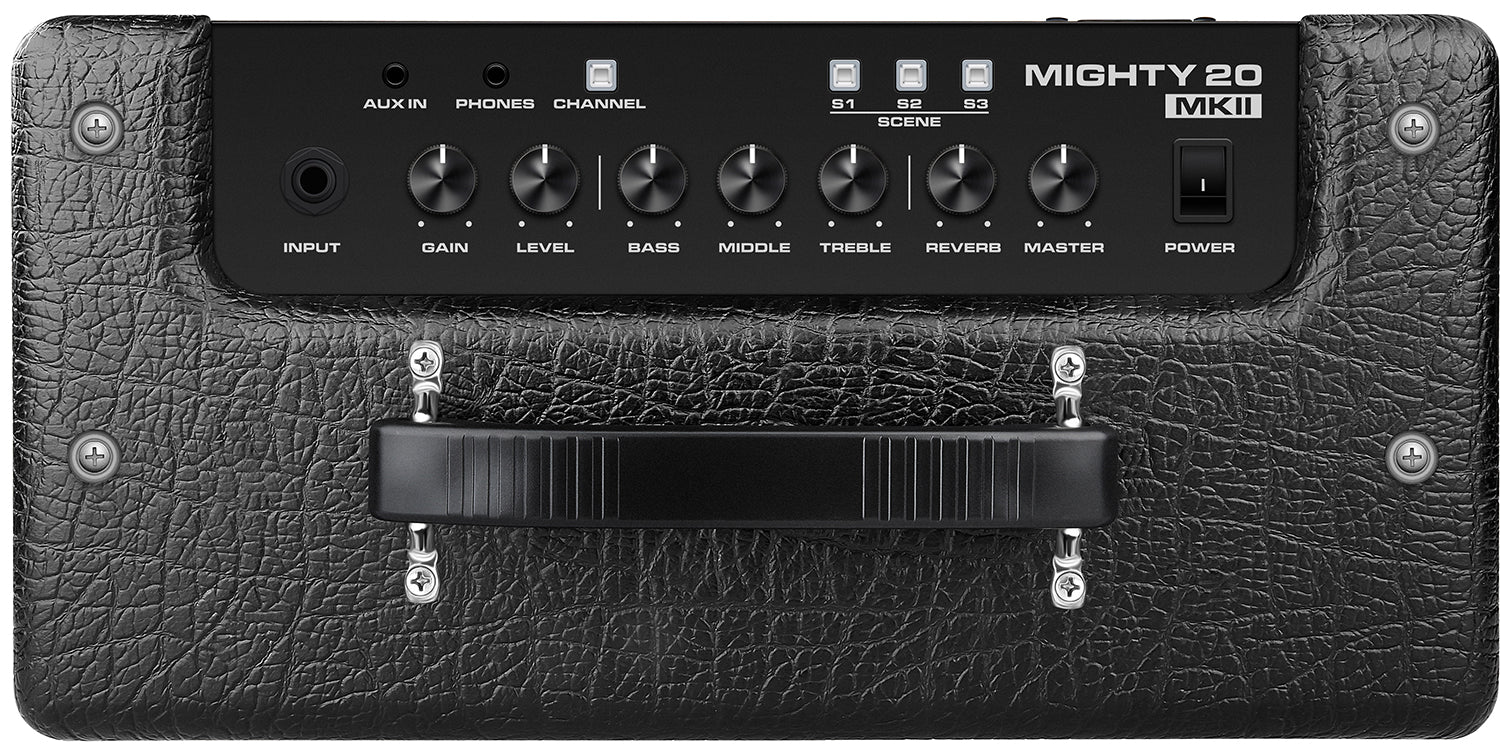 Black amplifier top panel with control knobs for gain, level, bass, middle, treble, reverb, master, input jacks, scene buttons, and power switch.