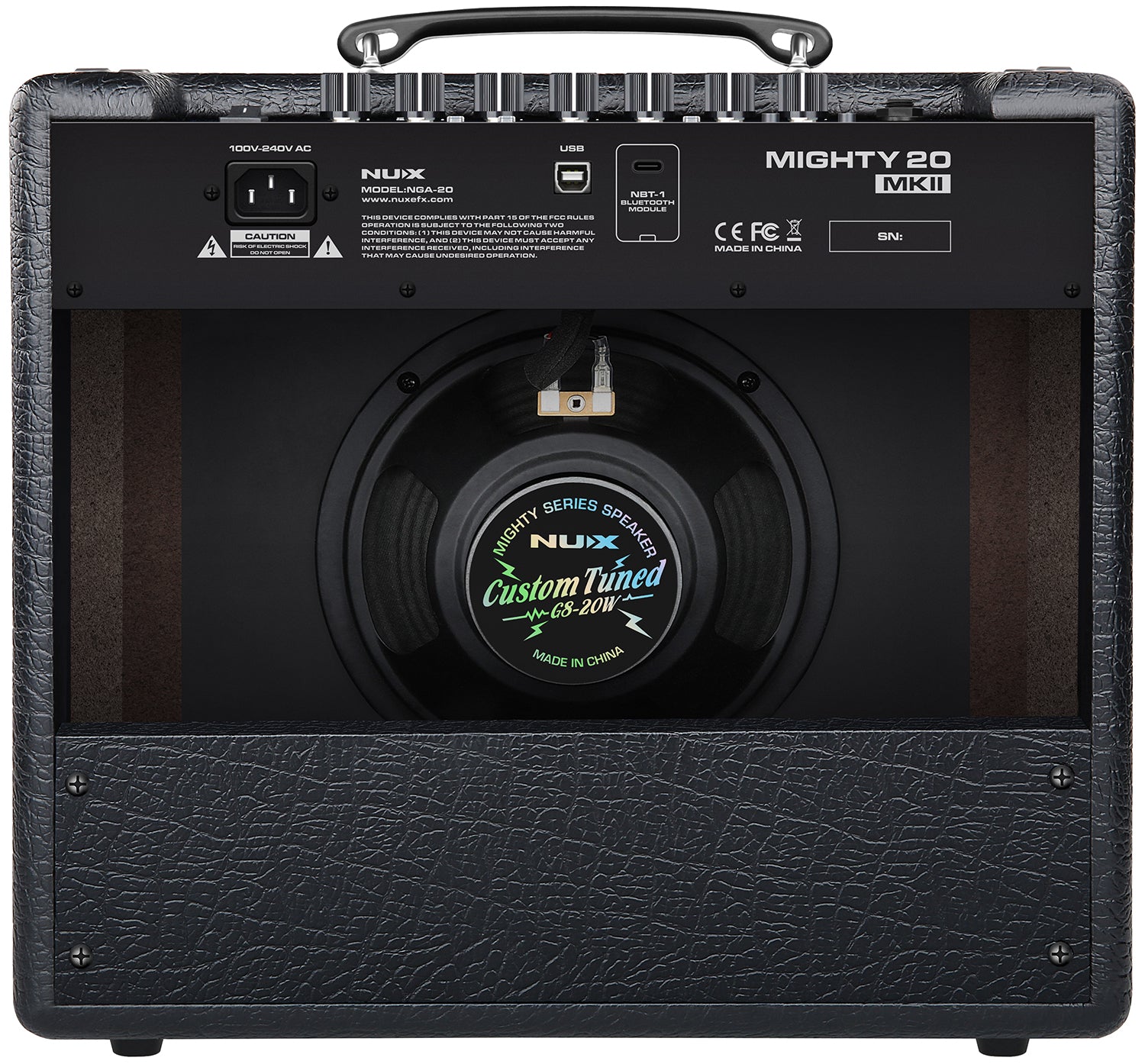 Back view of a NUX Mighty 20 MKII amplifier showing a large central speaker and various input ports and labels on the top panel.