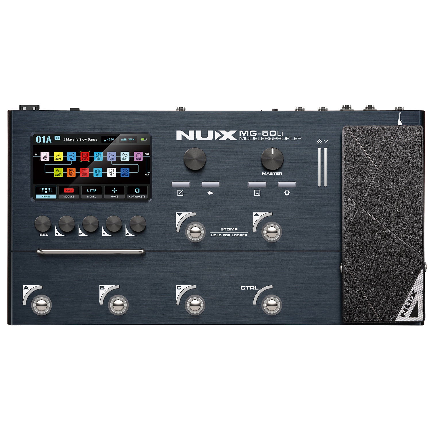 Pédalier multi-effets NUX avec écran couleur, cinq boutons rotatifs, cinq interrupteurs au pied et une grande pédale d’expression à droite.