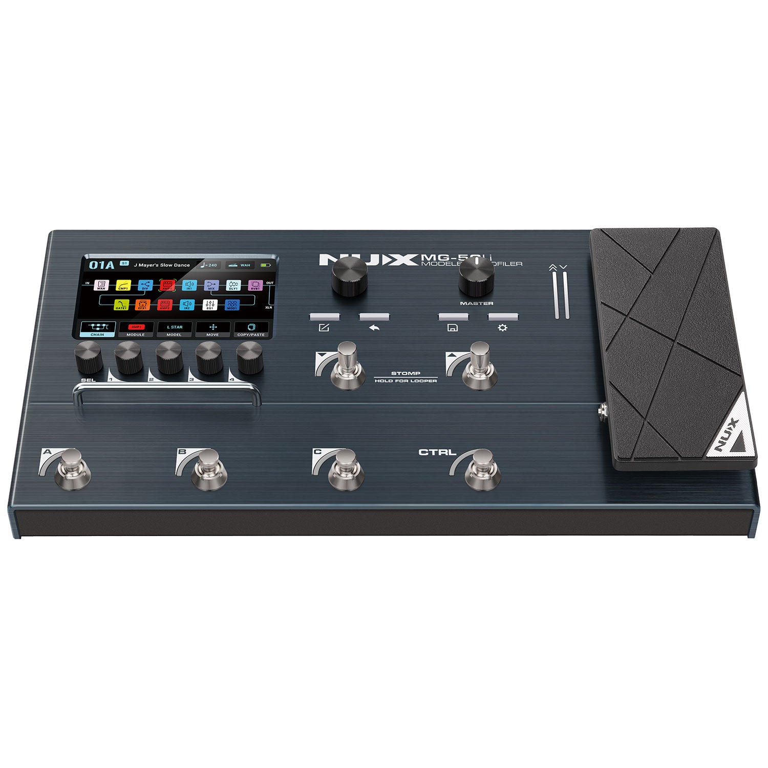 Pédalier multi-effets pour guitare avec écran couleur, six boutons rotatifs, six switches au pied et une pédale d’expression à droite.