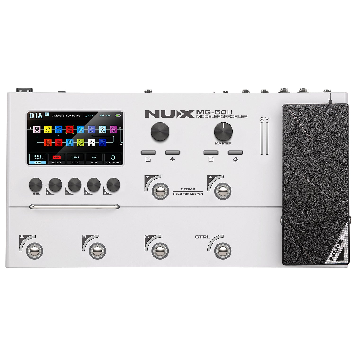 Pédalier multi-effets blanc avec écran couleur, cinq boutons rotatifs, cinq switches au pied et une pédale d’expression noire à droite.