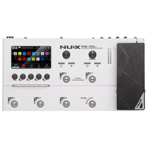 NUX MG-50Li FX pedal board with five footswitches, expression pedal, color display screen, and multiple control knobs for sound effects.