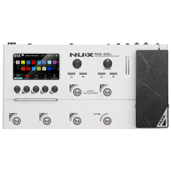 NUX MG-50Li FX pedal board with five footswitches, expression pedal, color display screen, and multiple control knobs for sound effects.