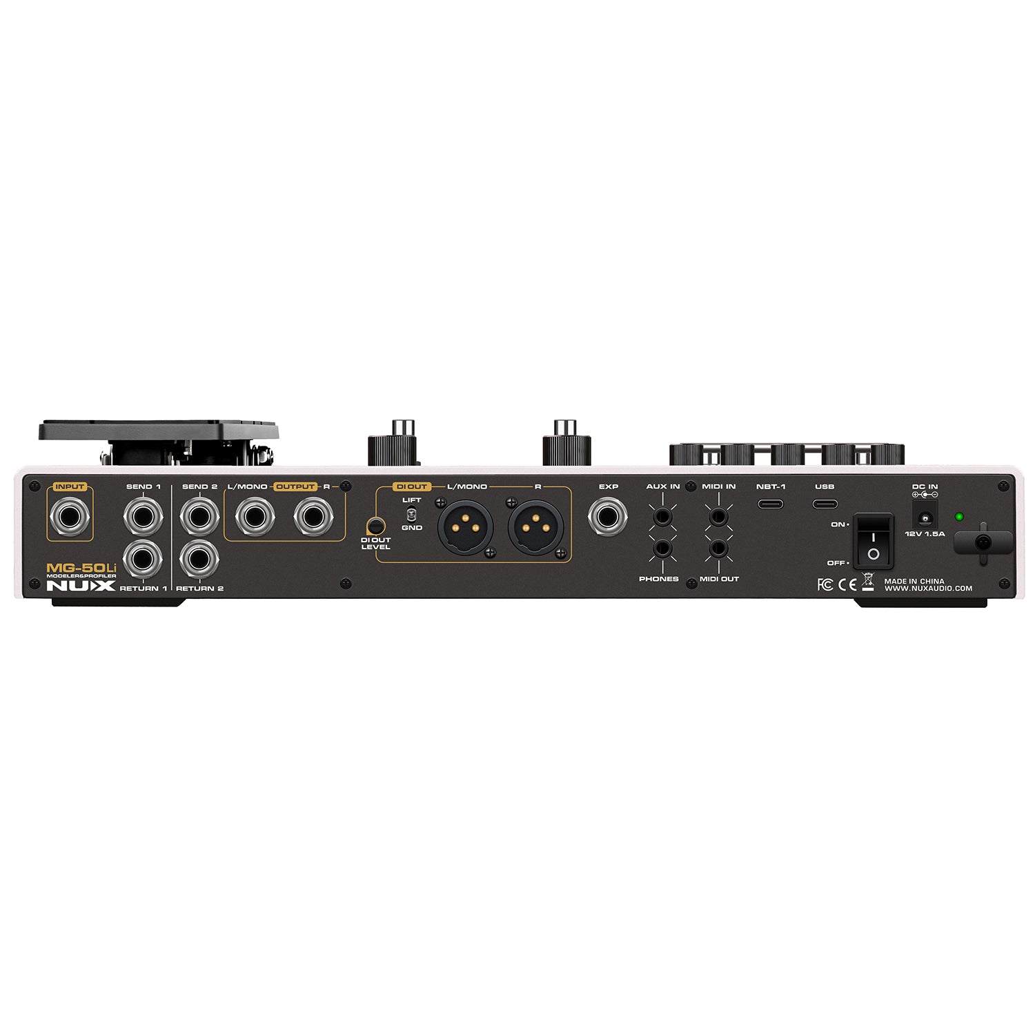 Pédale multi-effets NUX MG-50i avec entrées/sorties jack, XLR, MIDI, USB, alimentation, prise casque et commandes sur le dessus.