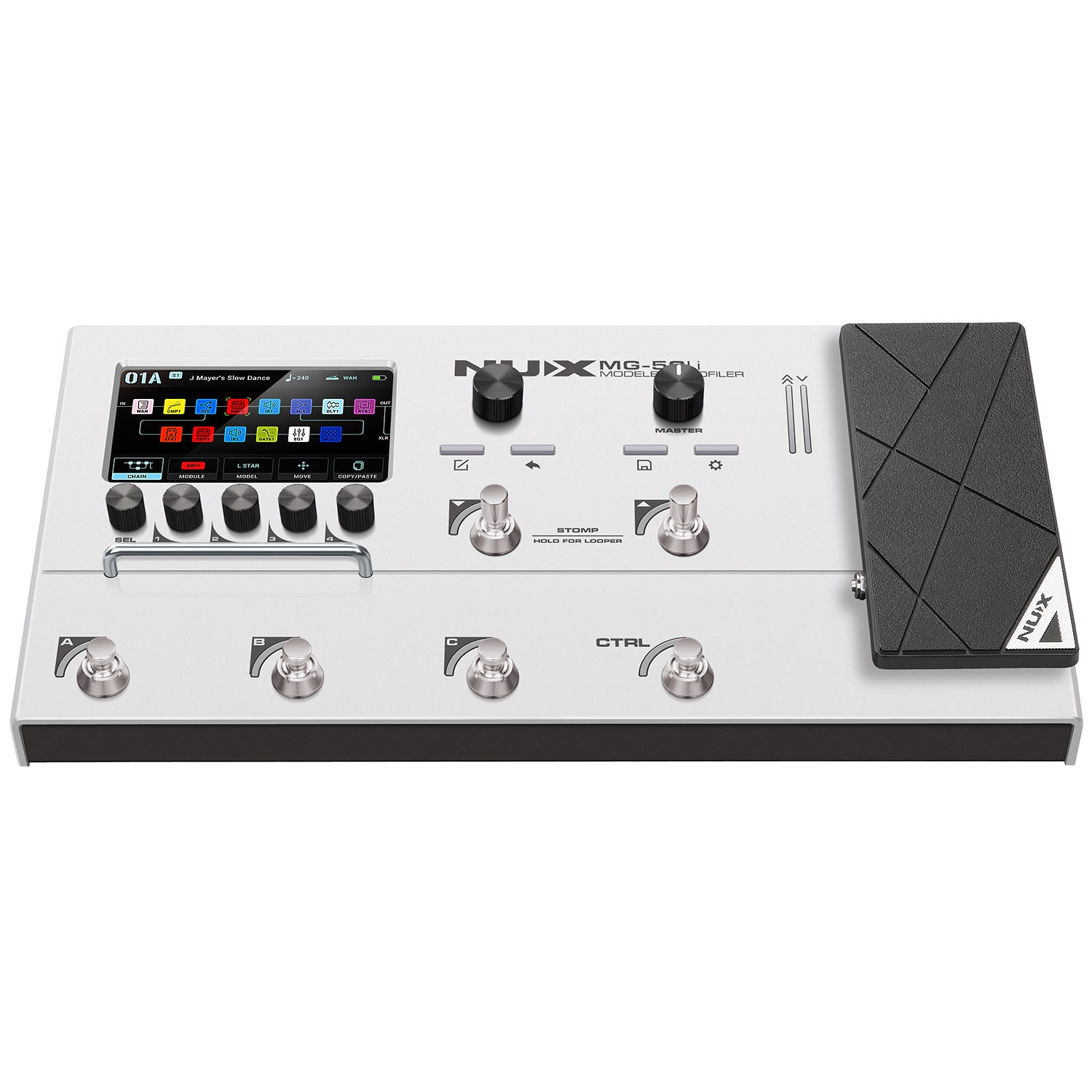 Pédalier multi-effets guitare blanc avec écran couleur, quatre switches, six boutons rotatifs et pédale d’expression noire à droite.
