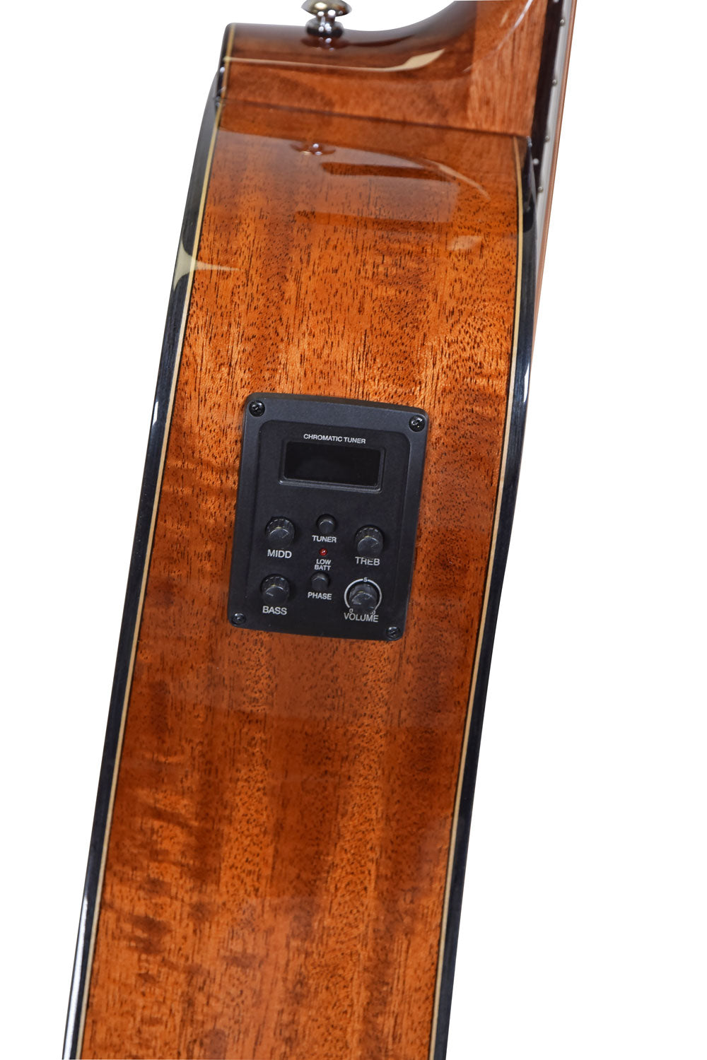 Side view of an acoustic guitar showing a built-in control panel with tuner, EQ knobs for bass, middle, treble, phase, and volume.