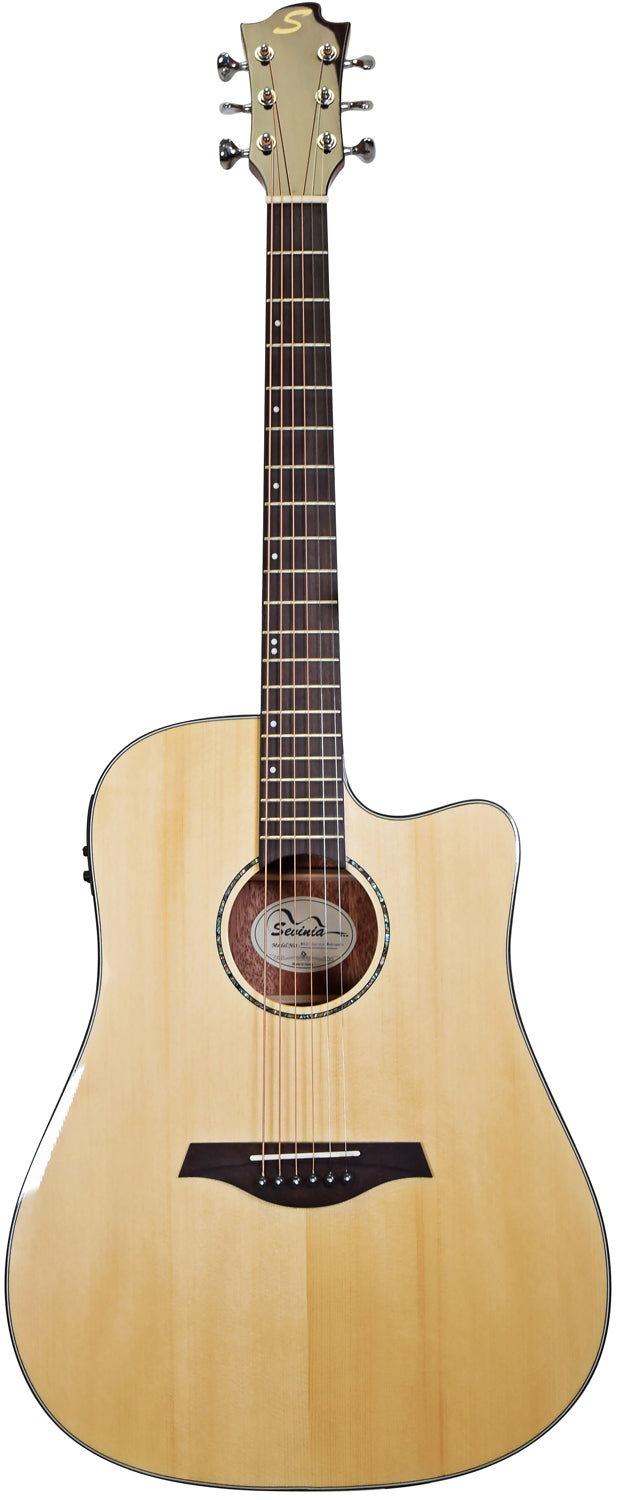 Natural wood acoustic guitar with a single cutaway, six steel strings, dark fretboard, and chrome tuning pegs.