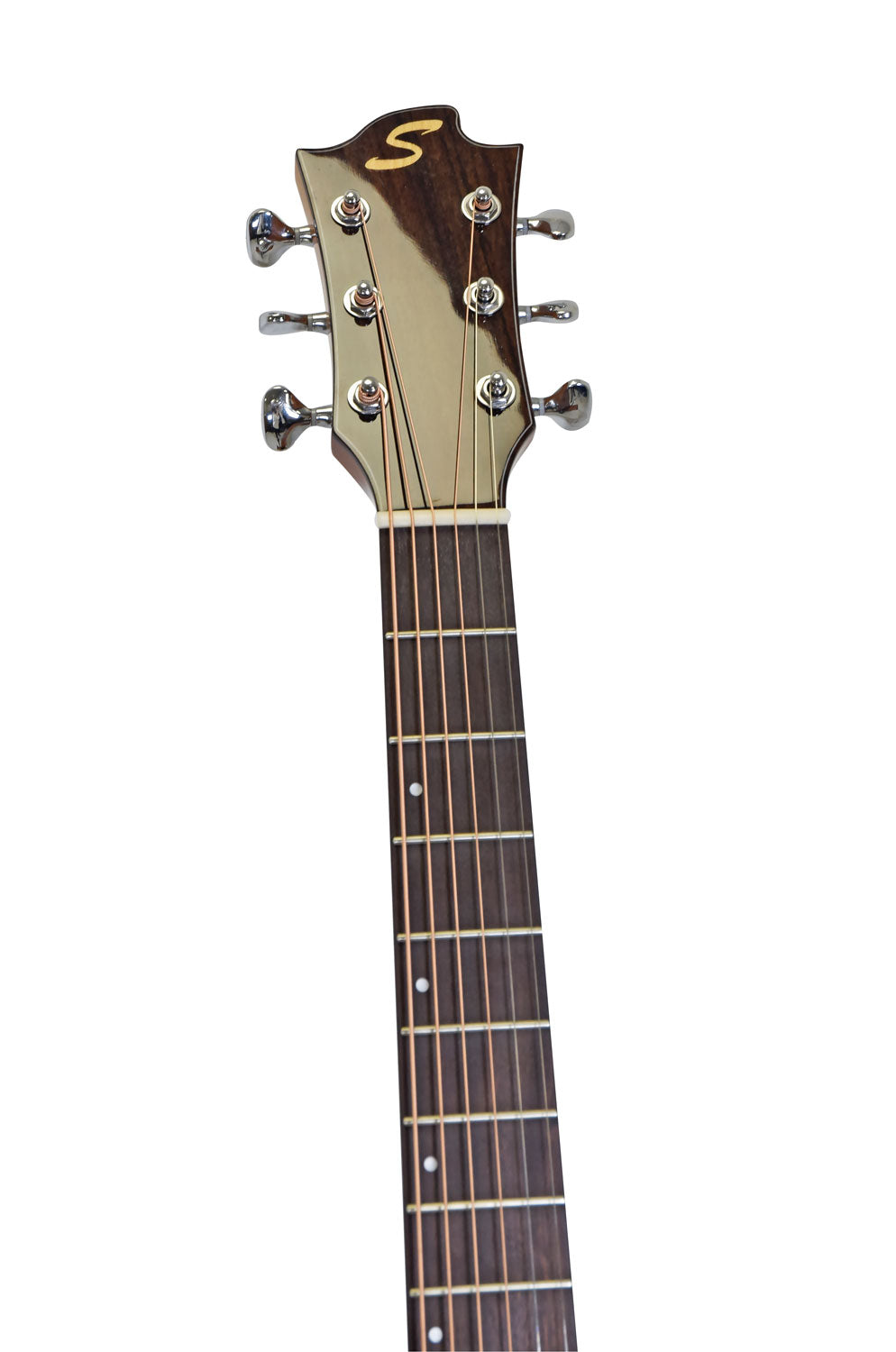 Acoustic guitar headstock with six tuning pegs, wood grain finish, gold "S" logo, and part of the fingerboard with metal frets and inlay dots.