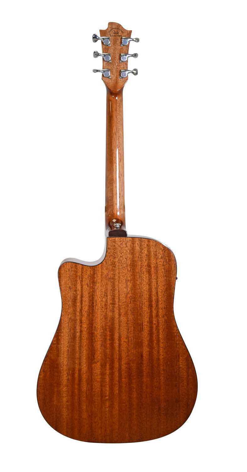 Mahogany acoustic guitar shown from the back, displaying a single cutaway body and six chrome tuning pegs on the headstock.