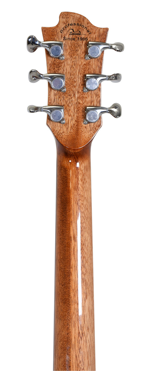 Rear view of an acoustic guitar’s headstock and neck in glossy brown wood, showing six metallic tuning pegs and the words "professional Since 1996."