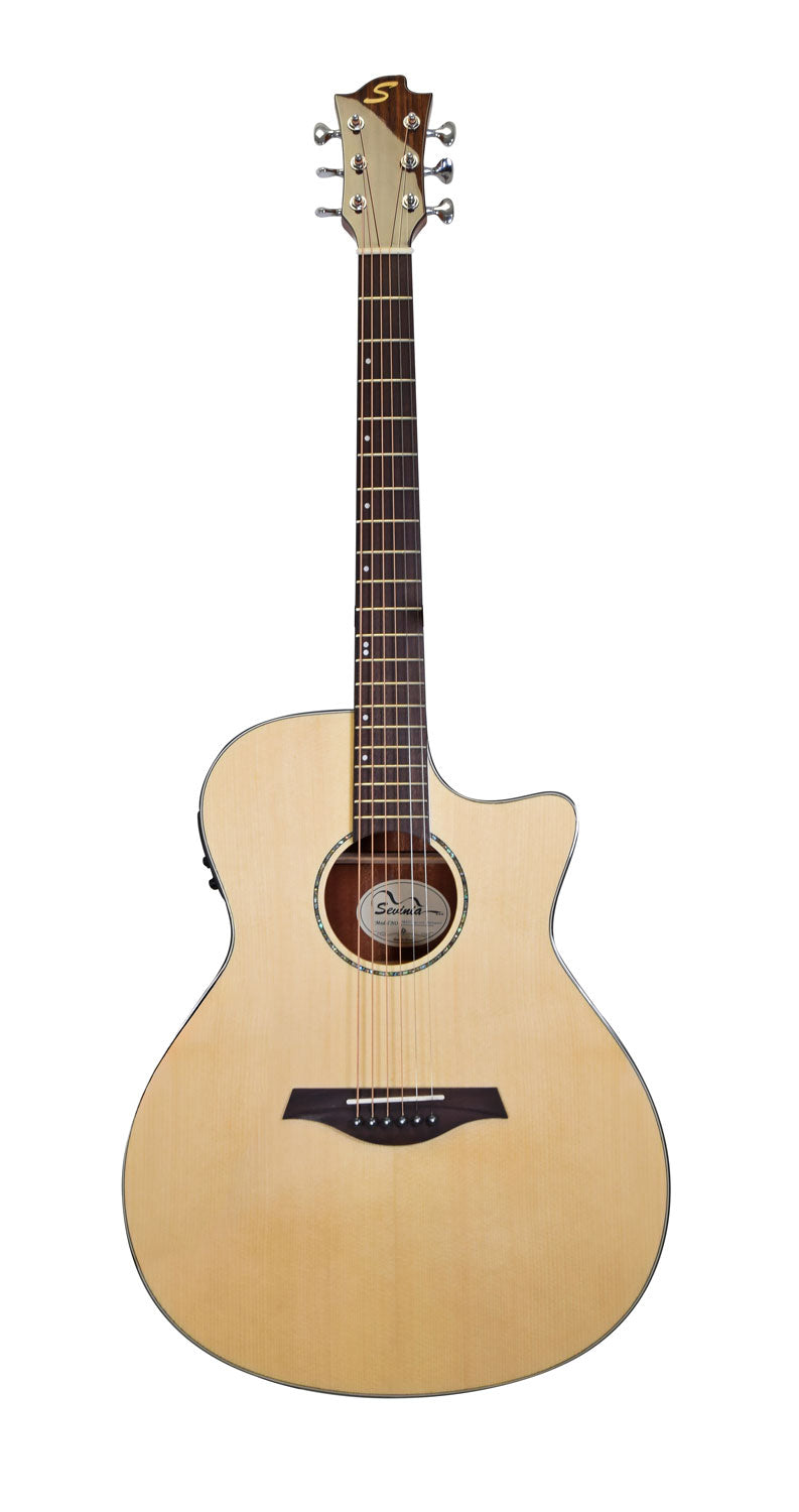 Light wood acoustic guitar with a cutaway body, six steel strings, dark wood bridge, and oval soundhole with abalone-style rosette.