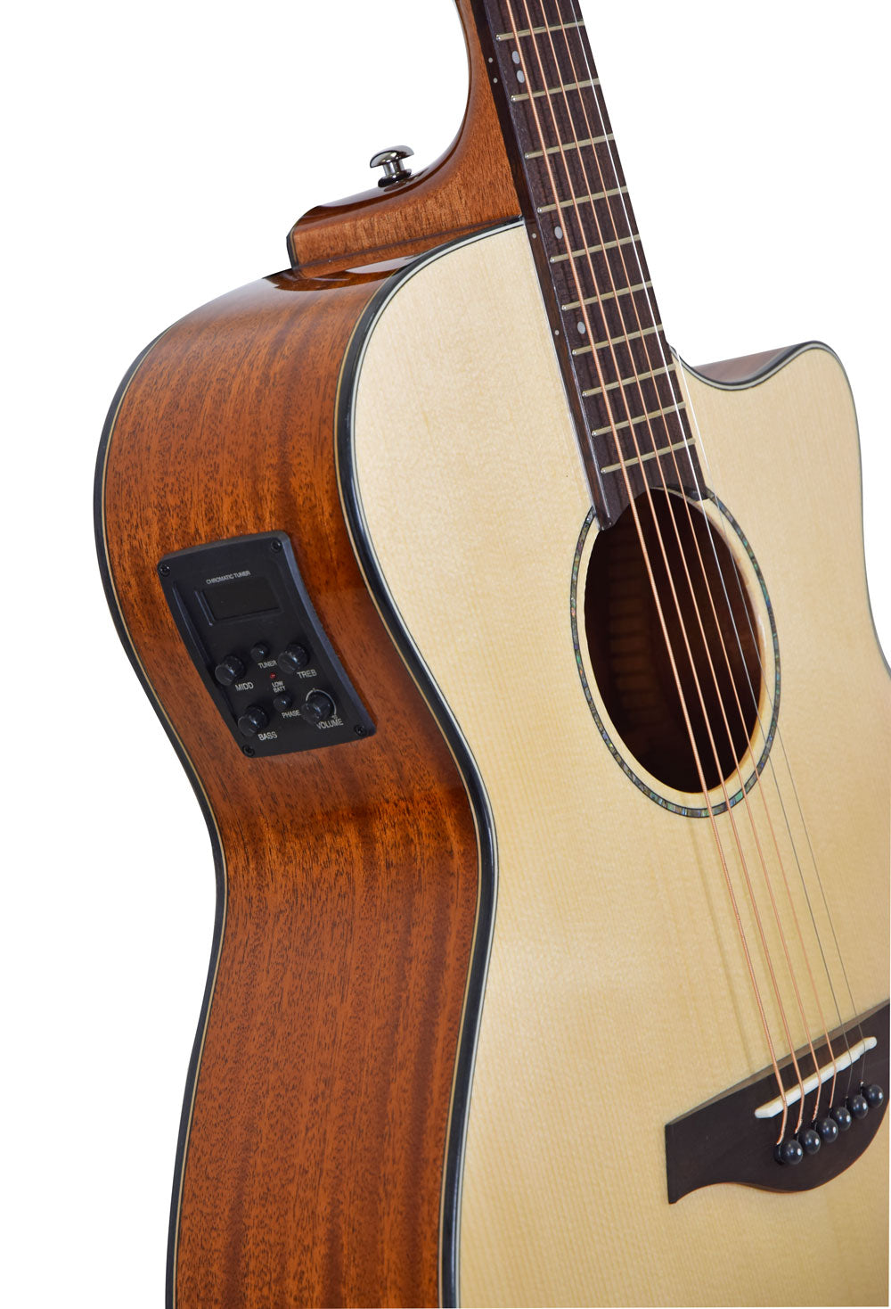 Cutaway acoustic guitar with a light top and dark sides, featuring a built-in electronic tuner and control panel on the side.