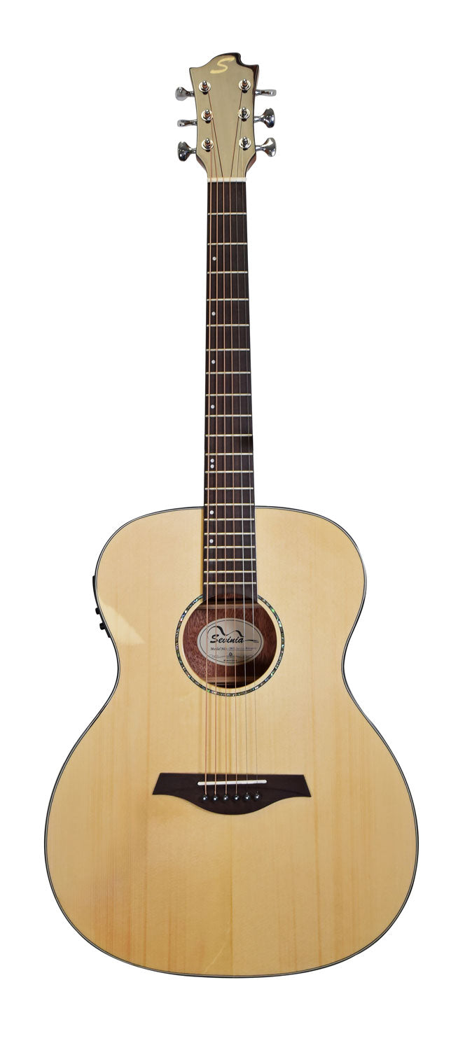 Light wood acoustic guitar with a dark fingerboard, six steel strings, and a rounded body with a simple circular soundhole rosette.