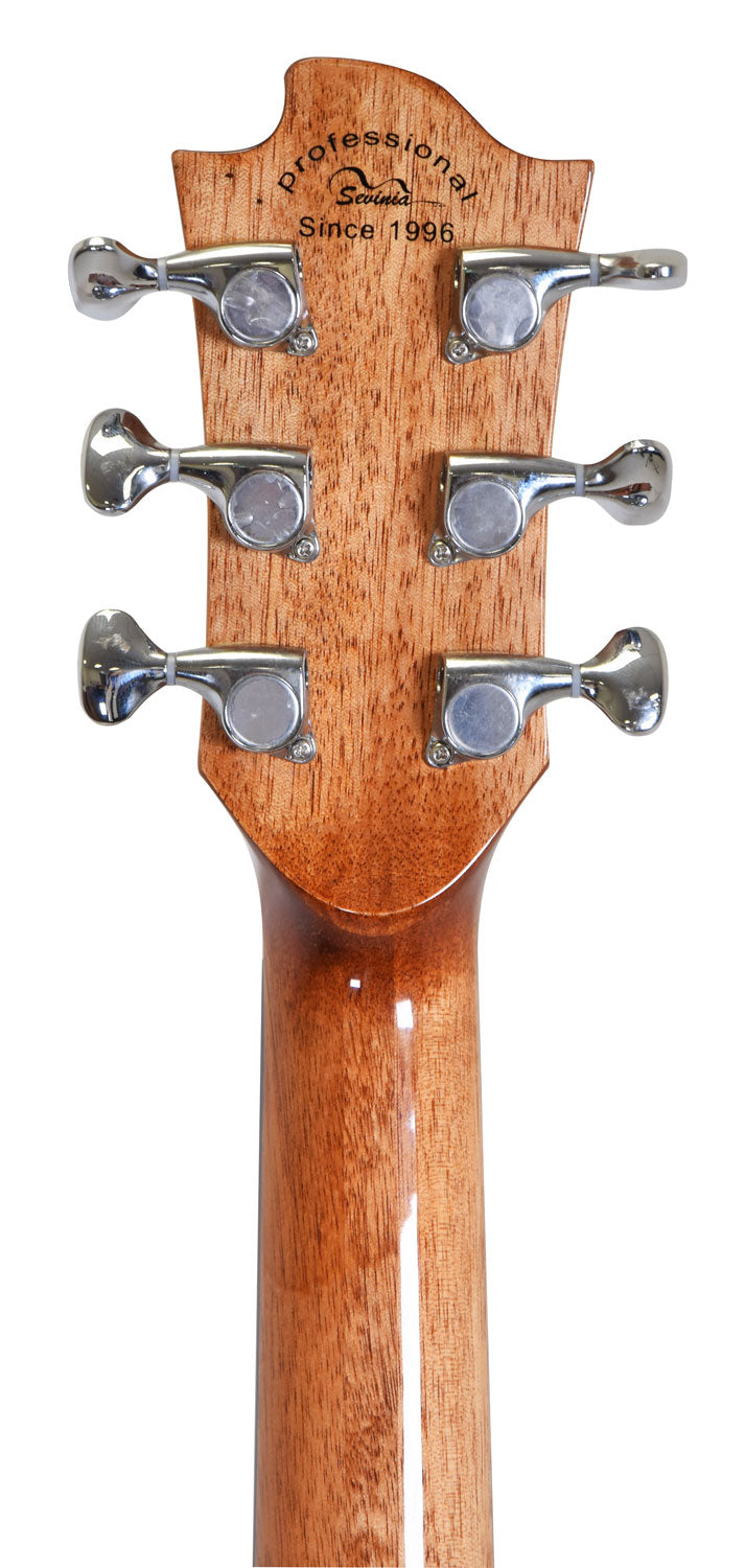Back of an acoustic guitar headstock showing six chrome tuning pegs on glossy wood, with "professional Since 1996" text near the top.