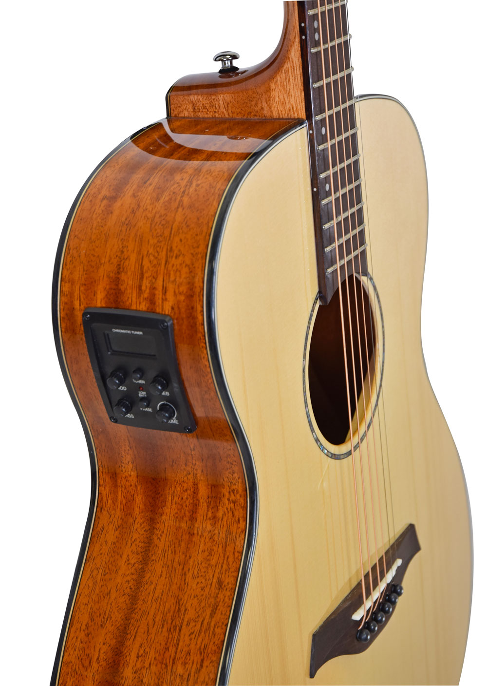 Acoustic guitar with a light-colored top, dark wood sides, electronic control panel on the side, cutaway body, and six metal strings.