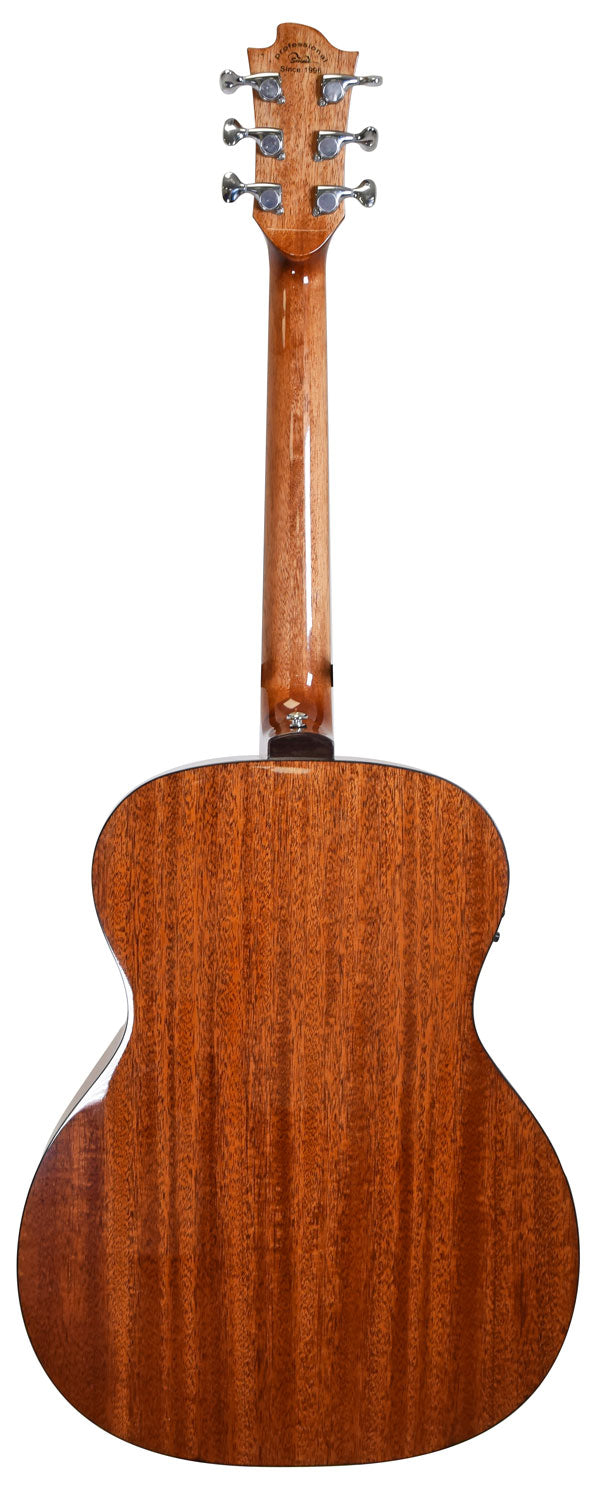 Back view of an acoustic guitar showing a glossy, reddish-brown wood finish with six chrome tuning pegs on the headstock.