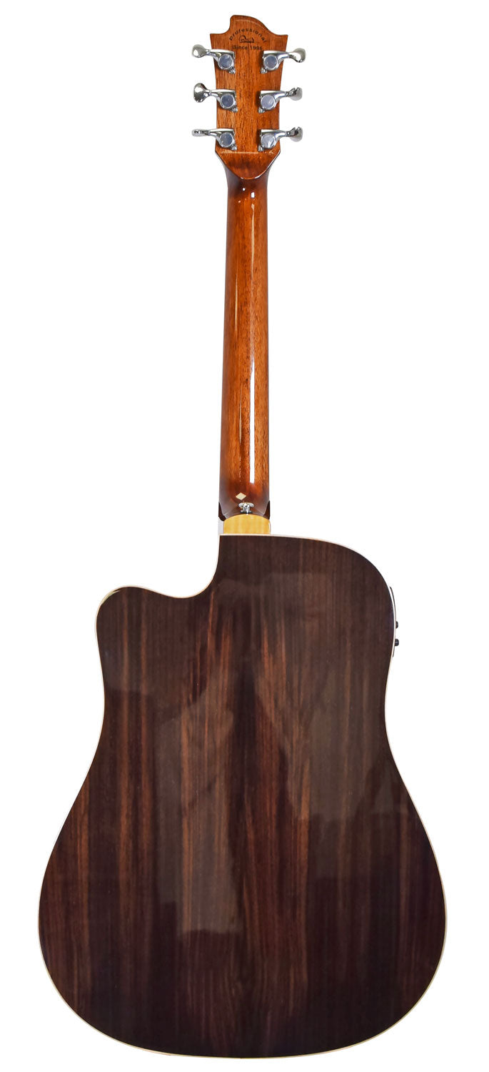 Rear view of an acoustic guitar with a glossy dark wood back, lighter brown neck, cutaway body shape, and silver tuners on the headstock.