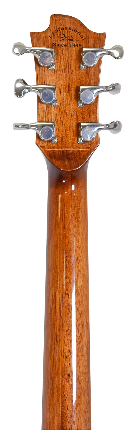 Back of an acoustic guitar neck showing six chrome tuning pegs and engraved text at the top of the headstock on smooth, glossy brown wood.