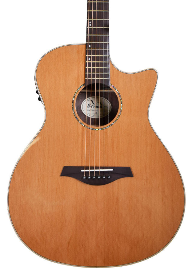 Natural wood acoustic guitar with a cutaway body, six strings, round sound hole with decorative ring, and dark bridge with six pins.