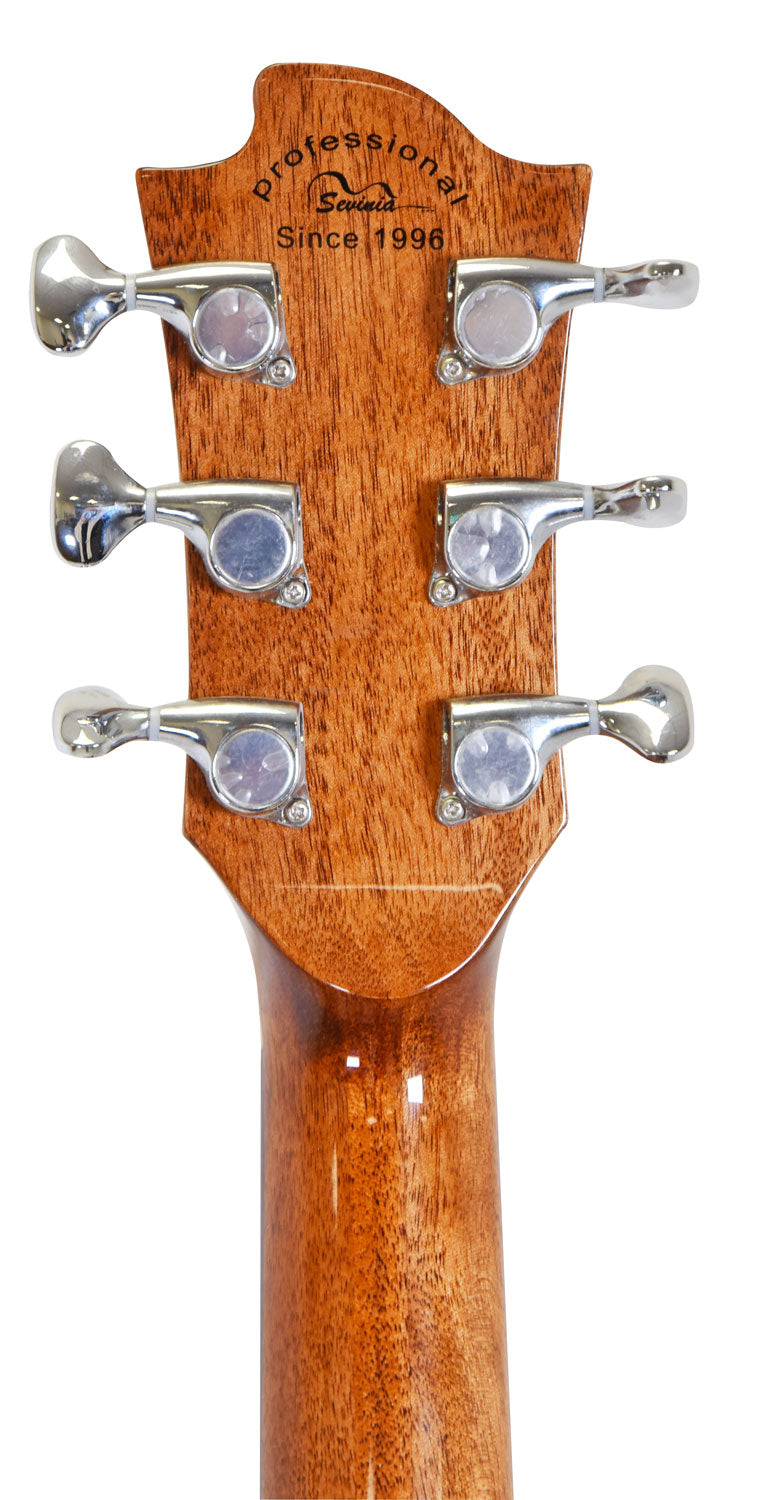 Back of an acoustic guitar headstock showing six chrome tuning pegs, wood grain finish, and "professional Sevilla Since 1996" text.