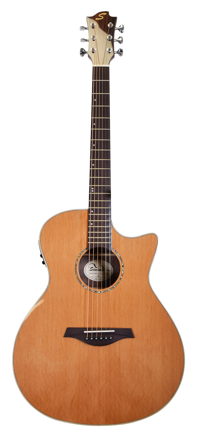 Natural wood finish acoustic guitar with a single cutaway, six strings, and chrome tuning pegs; round sound hole with decorative trim.