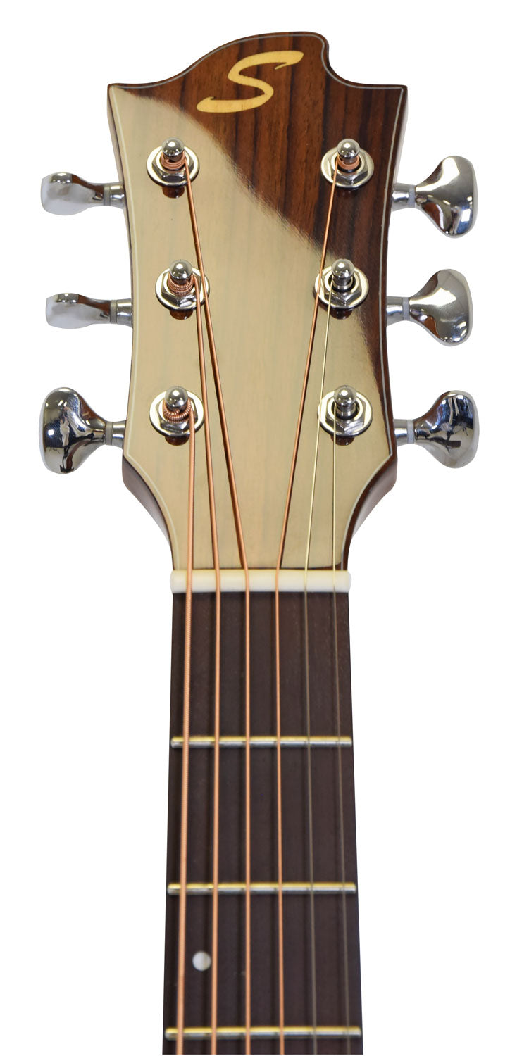 Acoustic guitar headstock with six tuning pegs, bronze strings, and a stylized S logo on a two-tone wood finish.