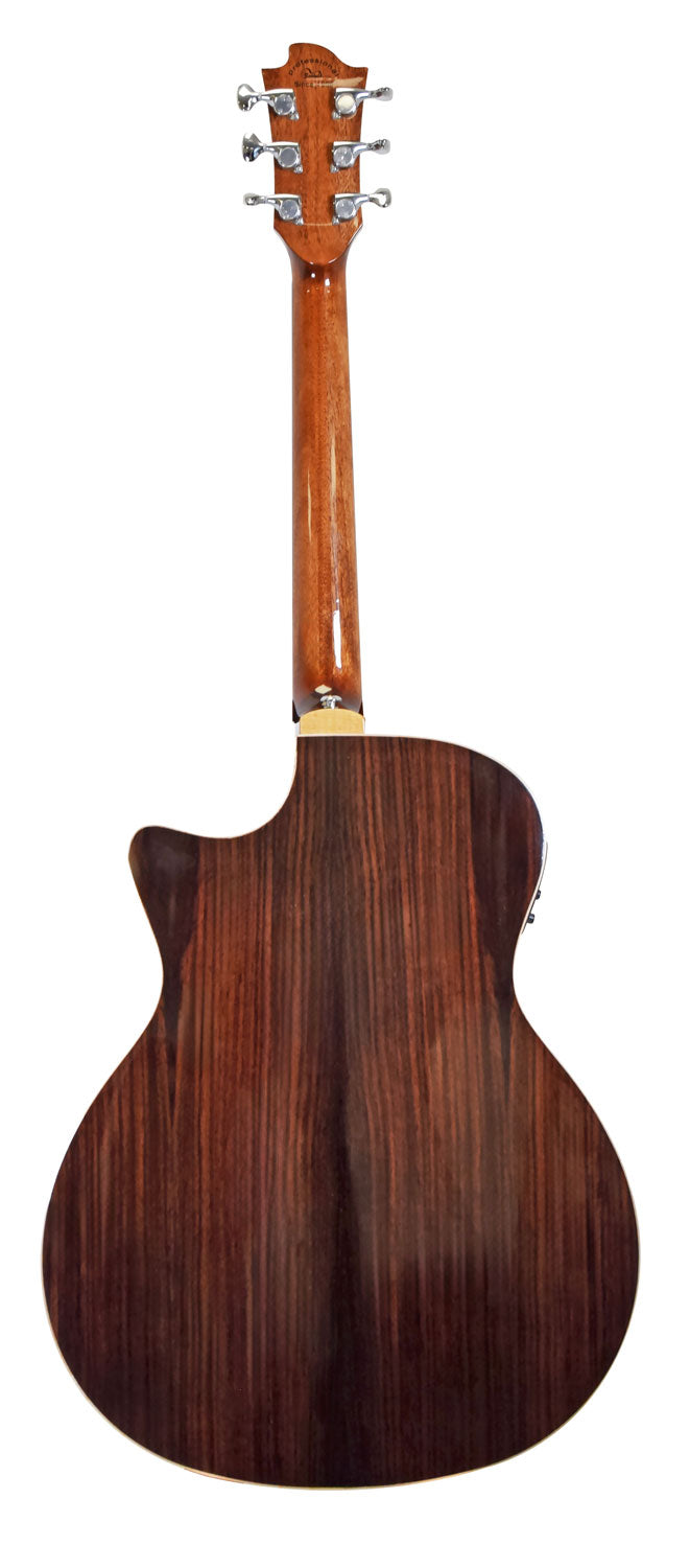 Back view of an acoustic guitar with a glossy, dark brown wood finish and silver tuning pegs, showing a cutaway body shape.