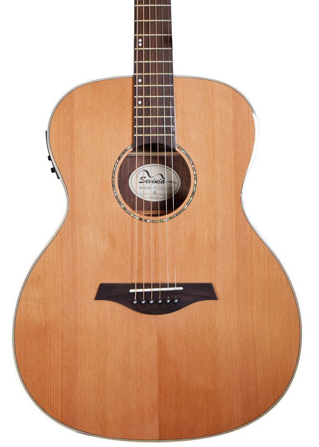 Natural wood finish acoustic guitar with six strings, a round sound hole bordered by inlay, dark wood bridge, and dot markers on the fretboard.