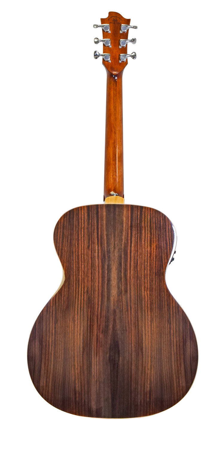 Rear view of an acoustic guitar showing a glossy dark wood back with vertical grain and a brown neck with six silver tuning pegs.
